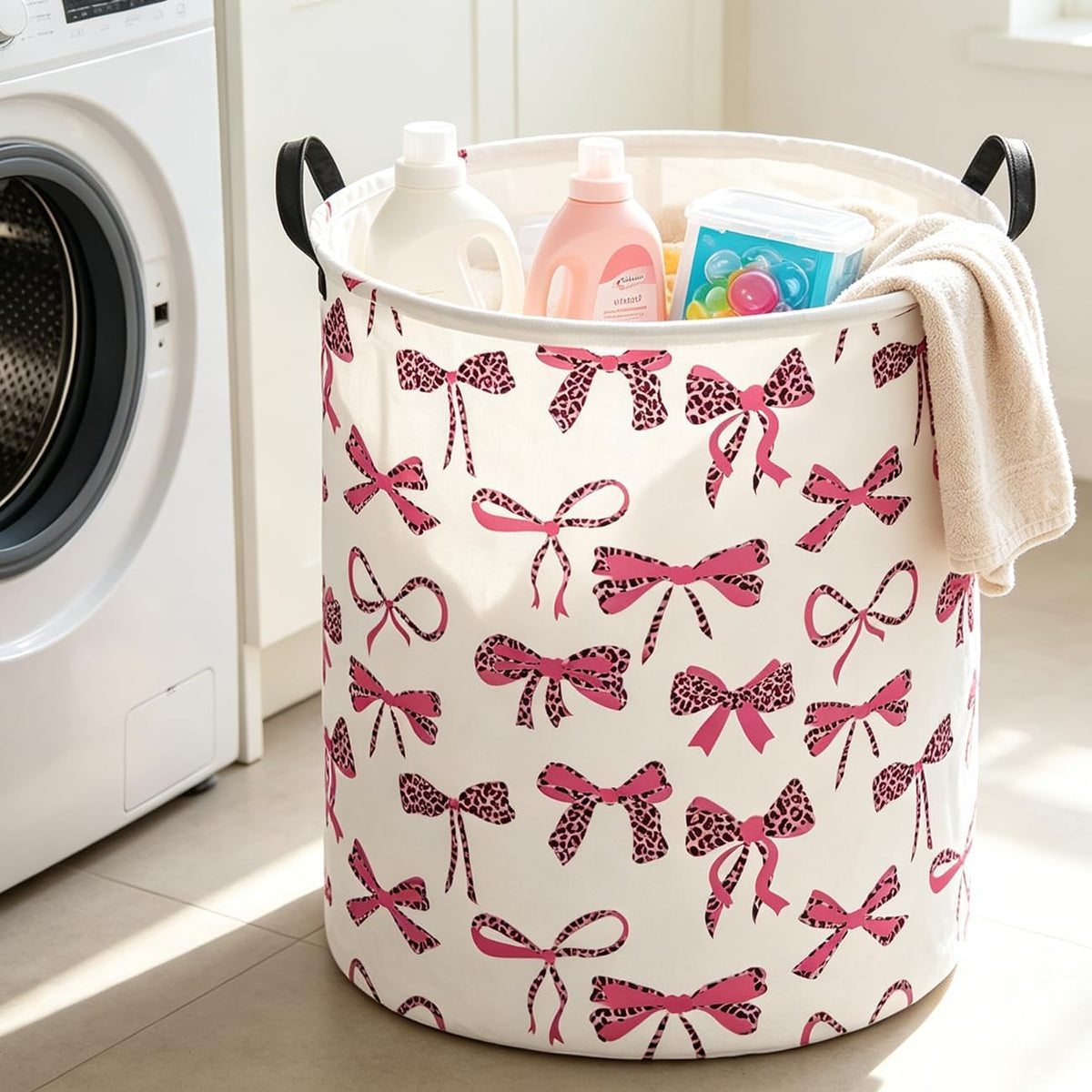 19.7" Laundry Basket,Dirty Clothes Hamper,Waterproof Storage Bin,Room Decor,Gift Baskets(New Leopard Print Bow)