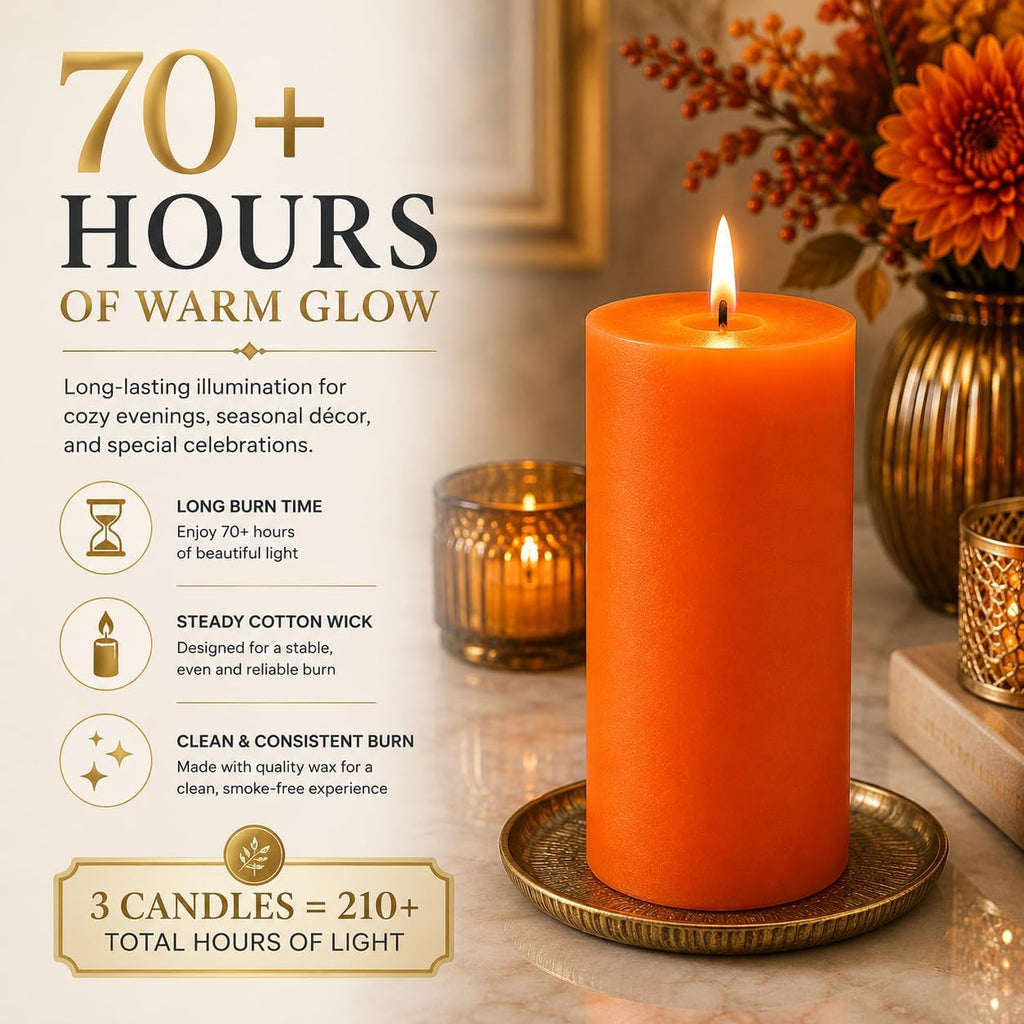 Dinil Orange Pillar Candles 3x6 Inch, Set of 3 Unscented Dripless Smokeless Candles, 65+ Hour Burn Time for Wedding Centerpiece, Dinner Table & Home Decor