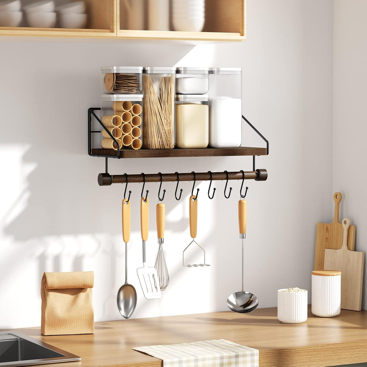 Alsonerbay Floating Shelf Coffee Bar Shelf with Towel Bar, Dark Brown