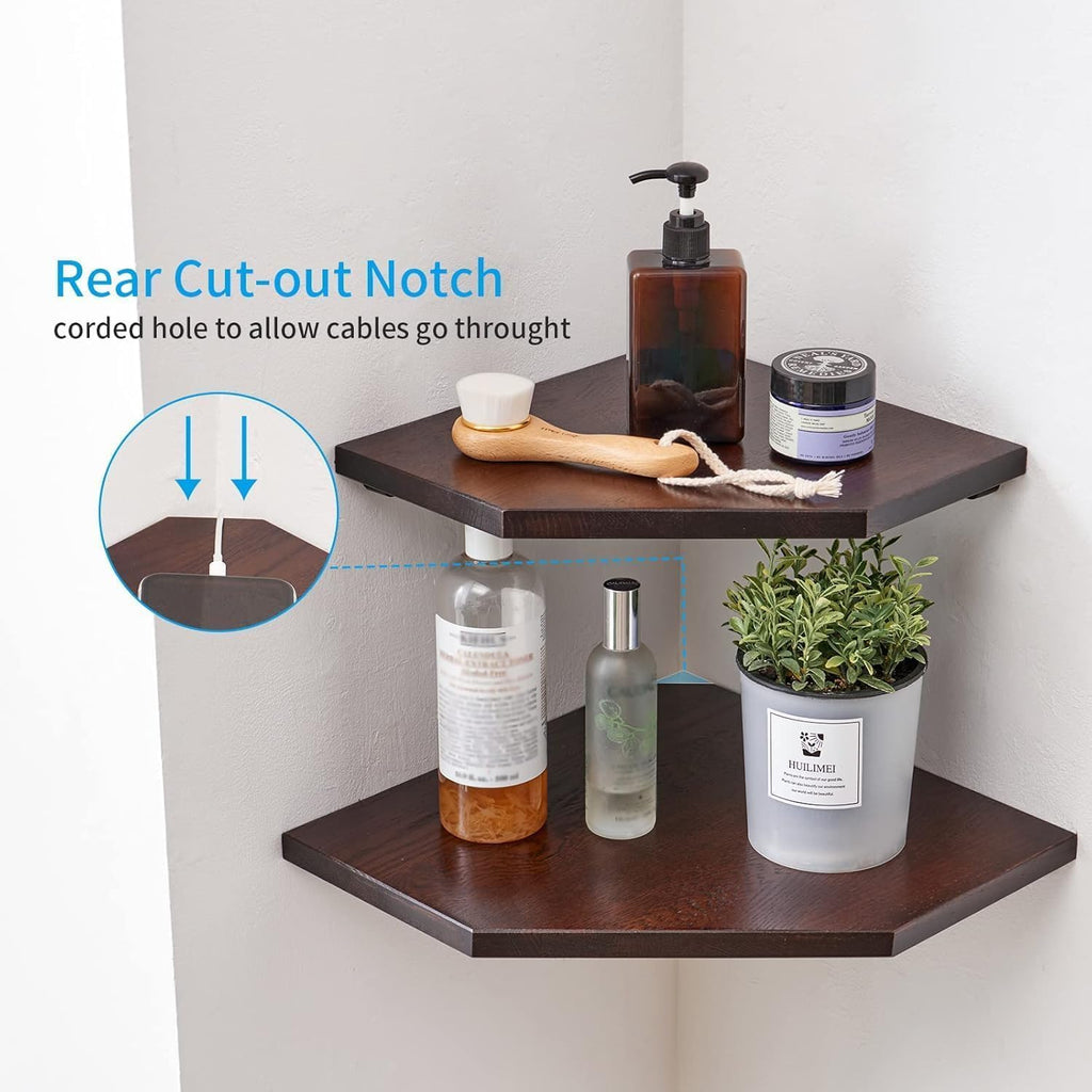 Corner Wall Shelves Set 2 Wire Hole Solid Oak Wood Display Shelf ,Walnut