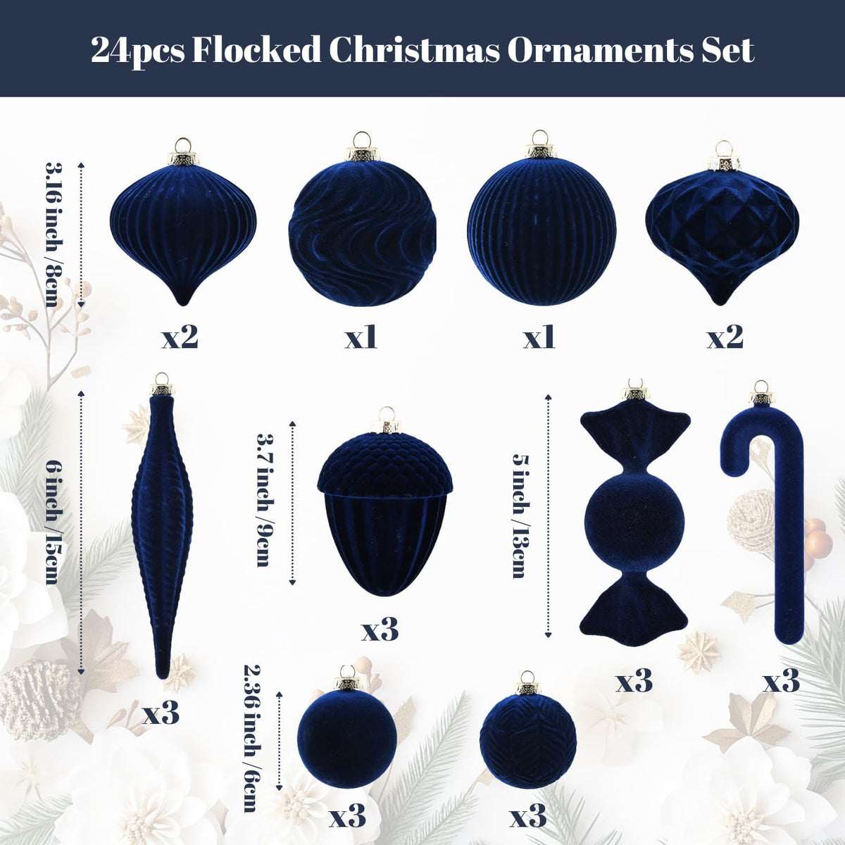 Velvet Ornaments for Christmas Tree Decorations - Navy Blue Flocked Christmas Ornament Set for Winter Holiday Decor - Shatterproof Xmas Balls Ornaments Bulk - Pack of 24