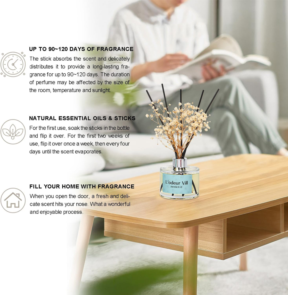 L'odeur Vill Reed Diffuser Set, 6.7 oz(200ml) Jasmine & Lily Scented Diffuser with 6 Oil Diffuser Sticks, Home Fragrance Essential Oil Reed Diffuser for Home Large Rooms Bathroom Shelf Decor