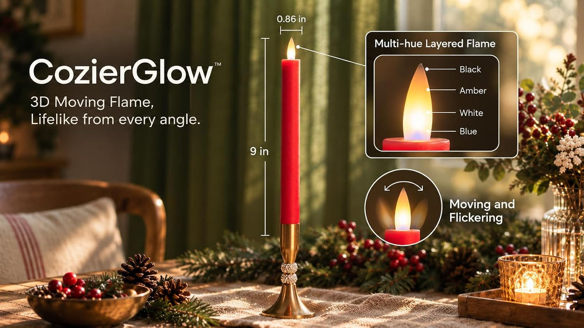Holiday Red Flameless Taper Candles with Remote & Timer - 9 Inch, Leather-Textured Real Wax, 3D Moving Flicker, 400Hr Battery Operated Window Candles.