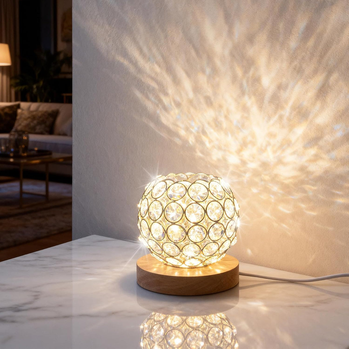 Crystal Mood Table Lamp, Voice Control K9 Glass Sphere Light, Wood Base
