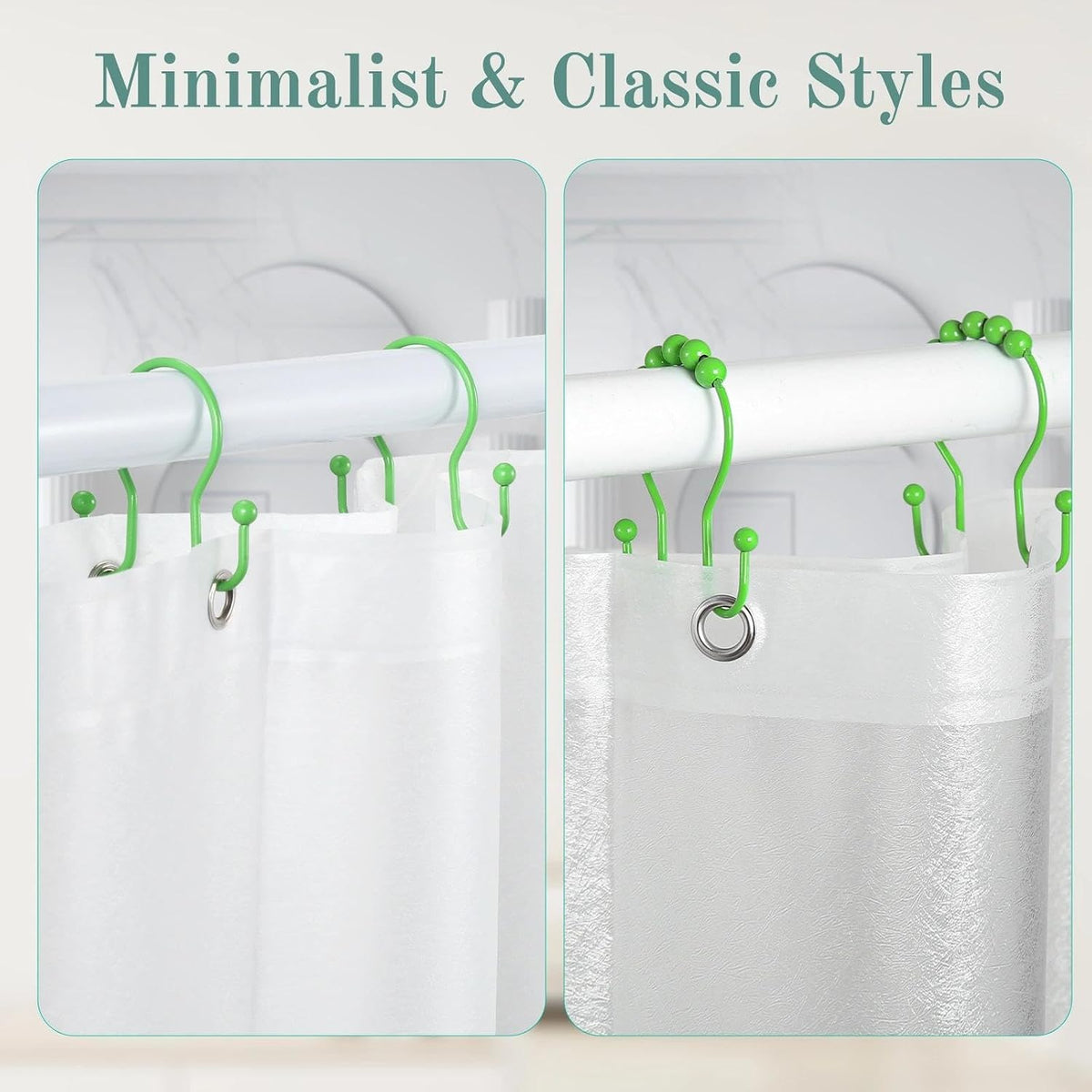 Goowin Shower Curtain Hooks, 12 Pcs Shower Curtain Rings, Stainless Steel Shower Curtain Hangers, Metal Shower Curtain Hooks Rings Rust Proof, Minimalist Shower Hooks for Shower Curtain, Green