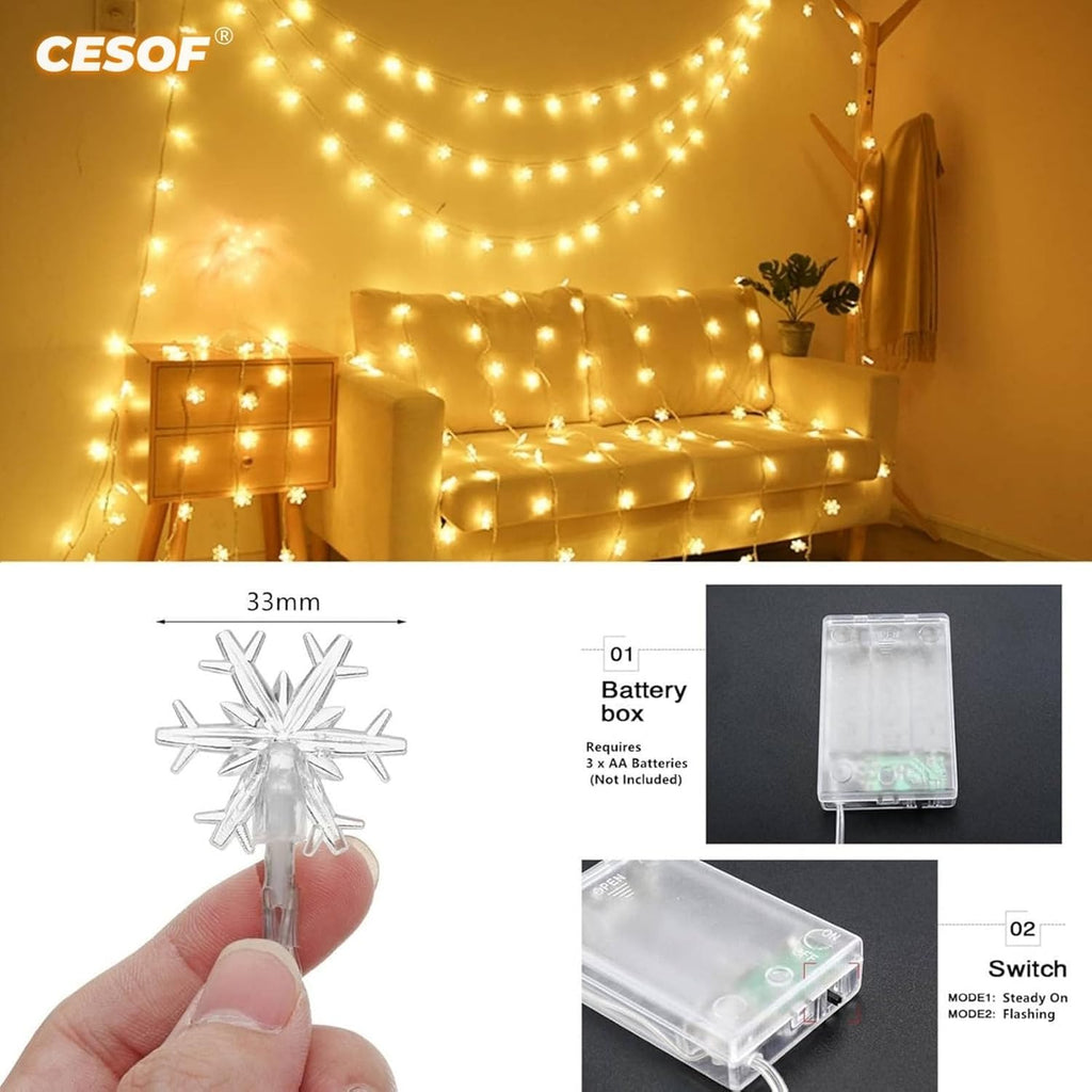CESOF Christmas Lights, 20 Ft 40 Led Snowflake String Lights Battery Operated Fairy Lights for Bedroom Room Party Home Xmas Decor Indoor Outdoor Tree Decorations Warm White