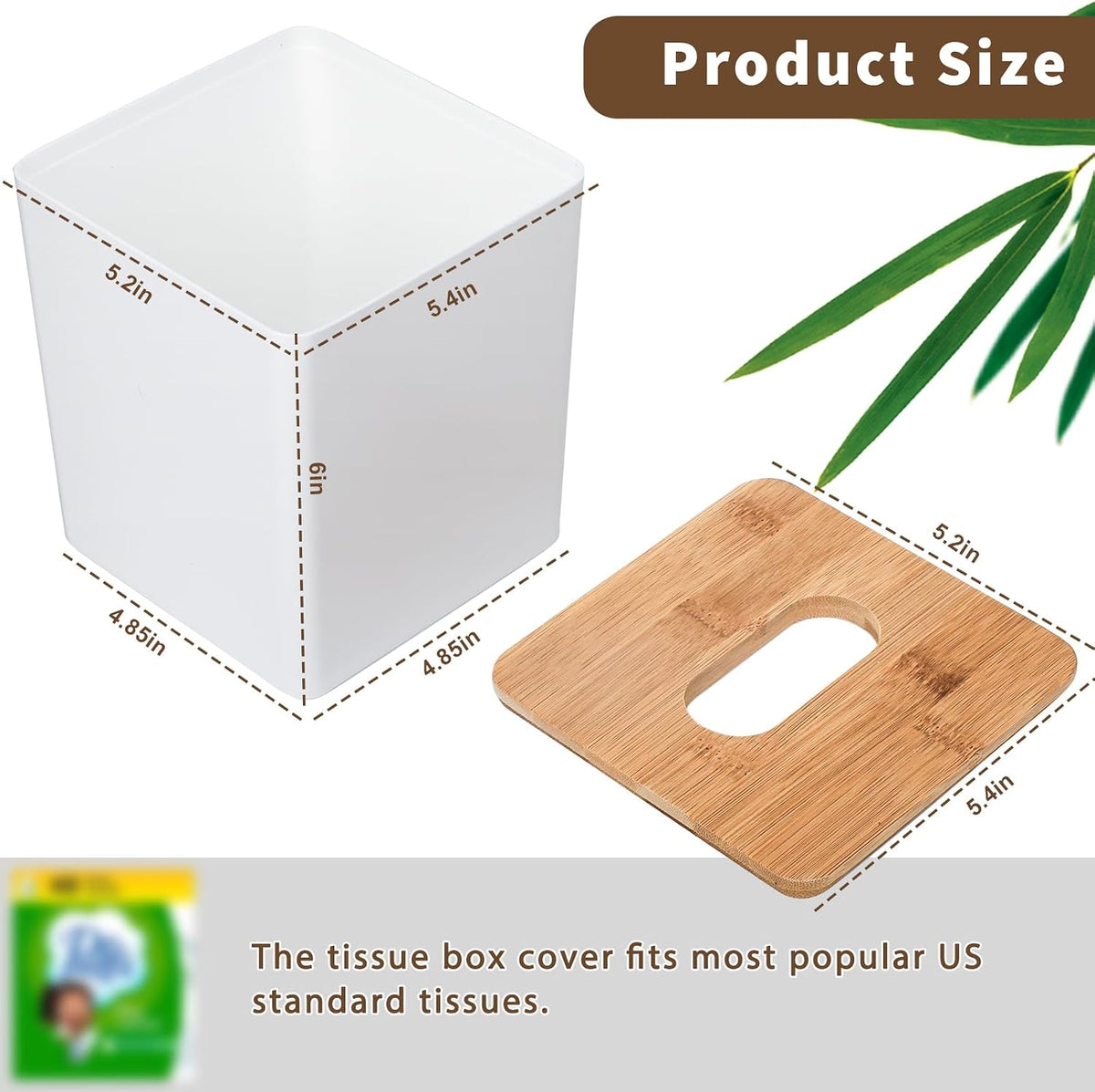 Tissue Box Cover Square, White, with Bamboo Lid, 1 Pack