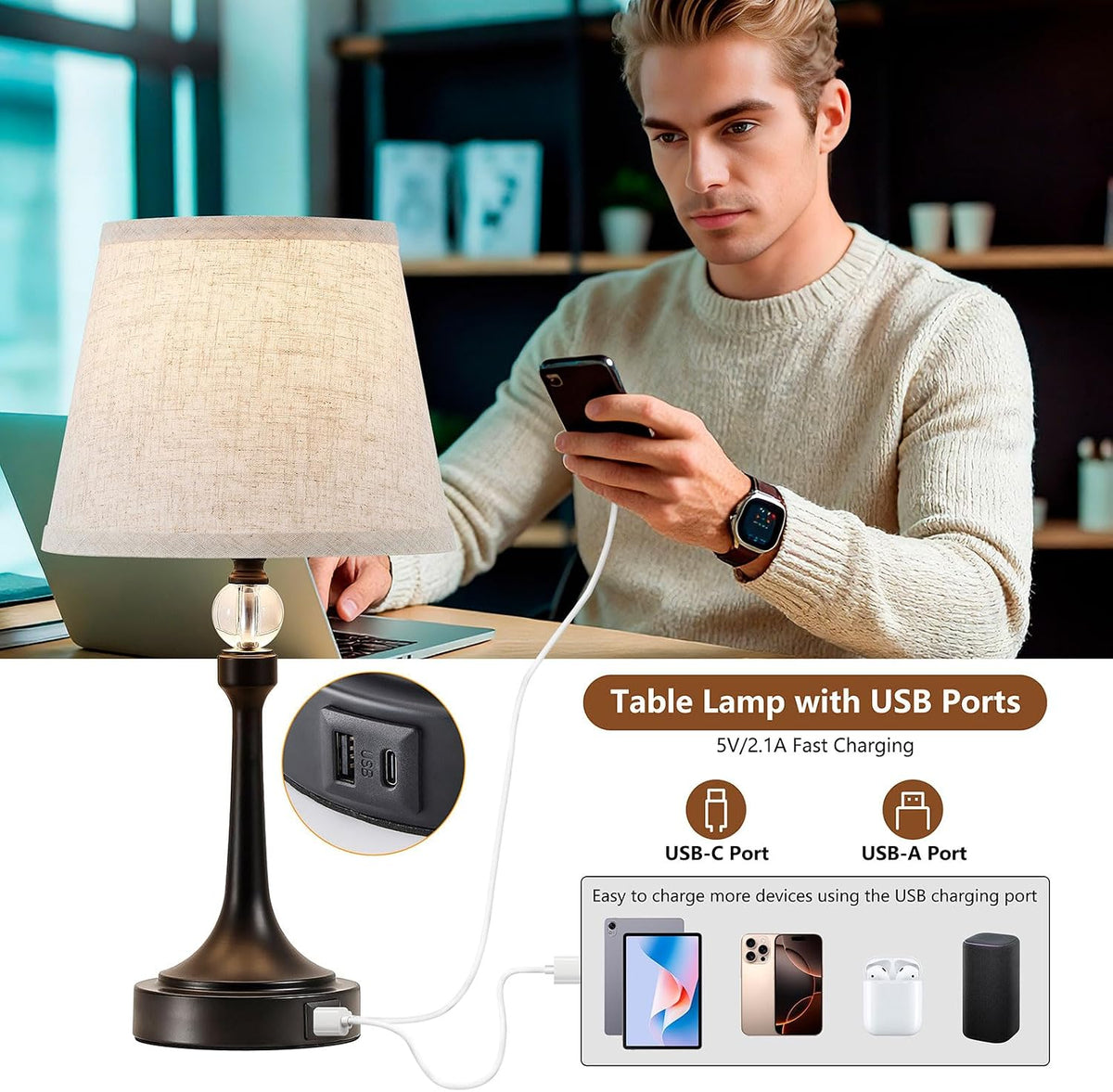 Touch Table Lamp with USB C+A Ports-Black 19.7'' 1pcs