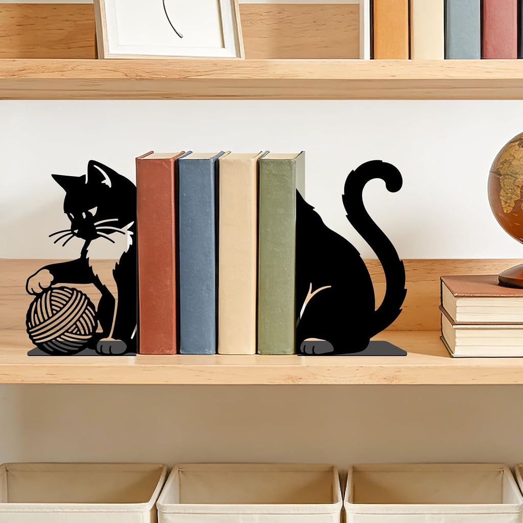 2pcs Cute Cat Metal Bookends Heavy Duty Adjustable Book Stopper for Shelves and Desk Decorative Cute Black Bookends for Heavy Books Cookbooks Vinyl Records with Non-Slip Pads
