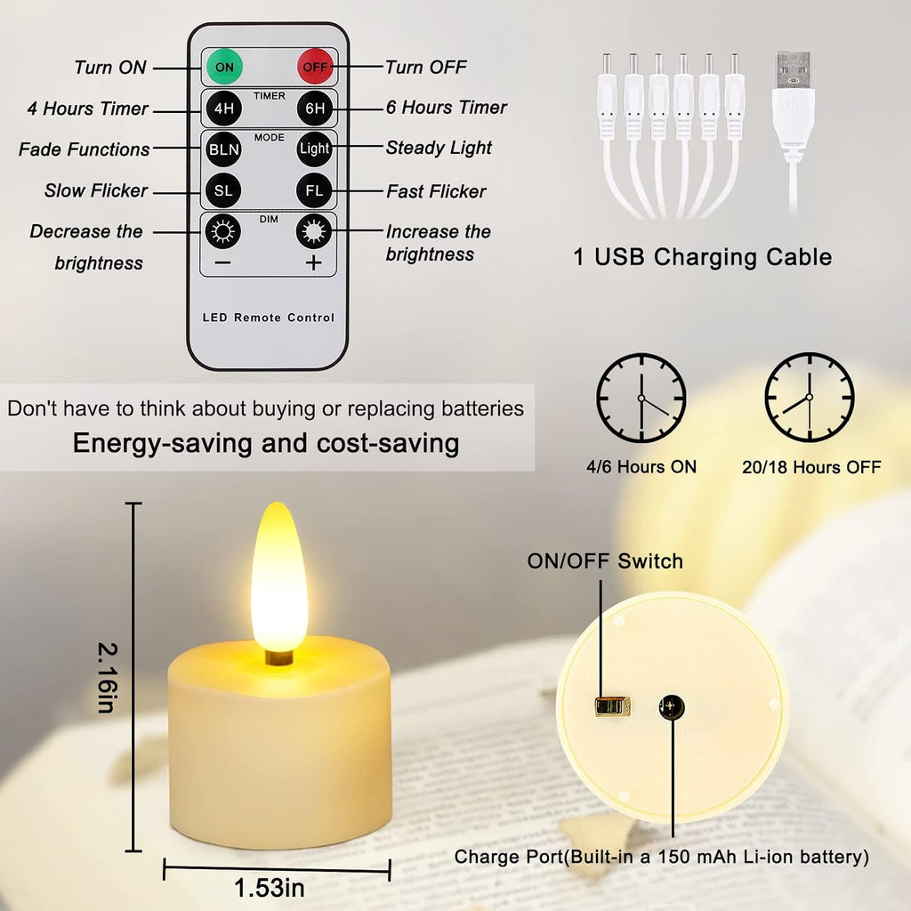 Rechargeable Flameless Tea Lights Candles, Flickering, Remote Timer 12-Pack