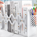 Heavy Duty Book Ends to Hold Books with Pen Holder, Adjustable Bookends, Metal Book Ends for Shelves, Black Book Holders Binder Organizer for Bookshelf Desk - White
