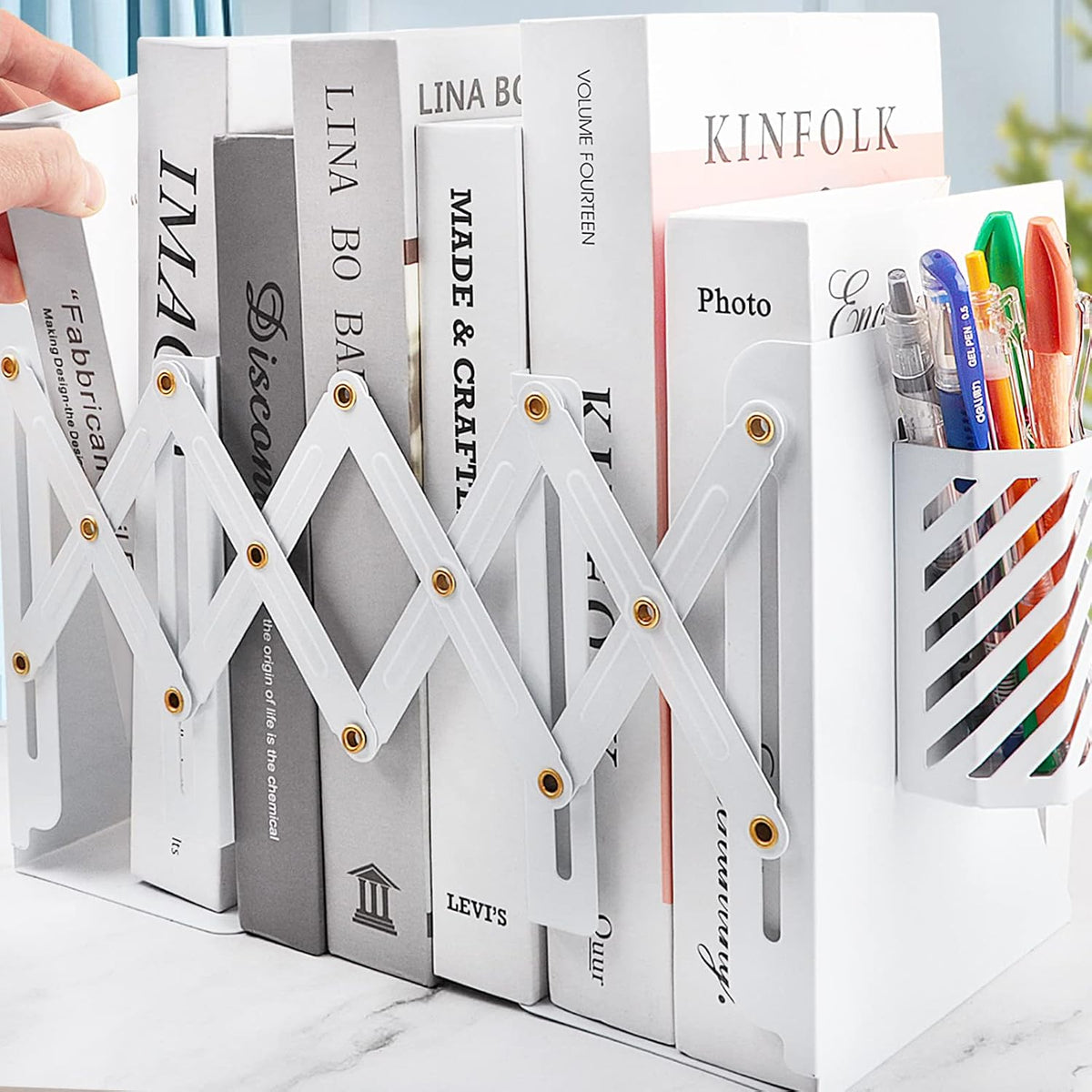 Heavy Duty Book Ends to Hold Books with Pen Holder, Adjustable Bookends, Metal Book Ends for Shelves, Black Book Holders Binder Organizer for Bookshelf Desk - White