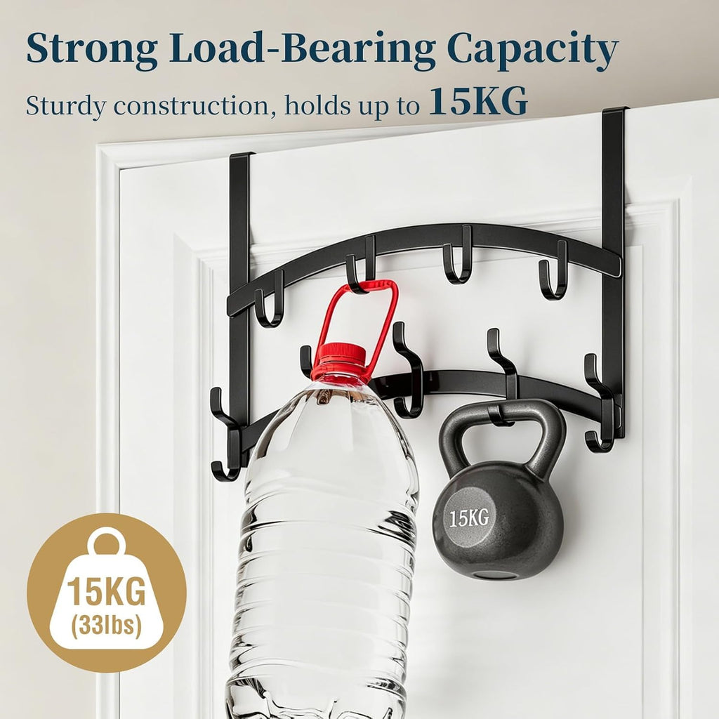 Consumest Over the Door Hooks Organizer - 2 Tier Door Hanger with 14 Hook Heavy Duty Stainless Steel for Towels, Coats, Jackets & Bags, Towel Rack for Bathroom Bedroom, Fits Up to 1.77" Doors, Black