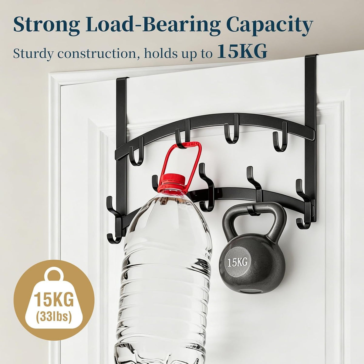 Consumest Over the Door Hooks Organizer - 2 Tier Door Hanger with 14 Hook Heavy Duty Stainless Steel for Towels, Coats, Jackets & Bags, Towel Rack for Bathroom Bedroom, Fits Up to 1.77" Doors, Black
