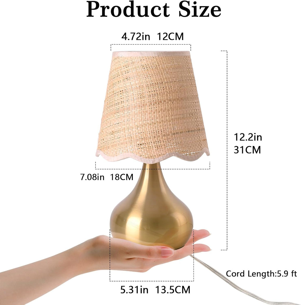 Gold Small Bedside Table Lamp for Bedroom, Brass Gold Mini Table Lamps for Nightstand, Rattan Shade Table Lamps for Small Spaces for Kitchen Counter, Bookshelf, Bedroom, Living Room, Kids Dorm