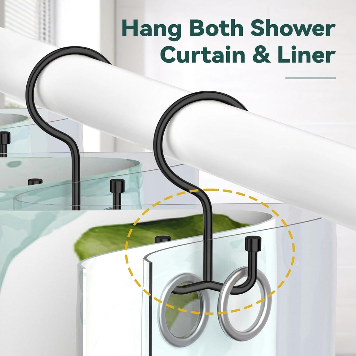 Goowin Shower Curtain Hooks, Shower Curtain Rings, Durable Black Shower Curtain Hooks Rust Proof, Shower Rings for Curtain, Double Glide Shower Hooks for Shower Curtain, Black, 24 Pack-Cylinders