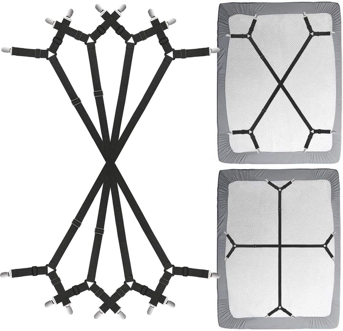 Bed Sheet Clip Straps - 2 Way Adjustable Crisscross Sheet Corner Holder Straps Gripper Elastic Sheet Band Mattress Straps Fasten Suspenders(2 Set/4Pcs, Black)