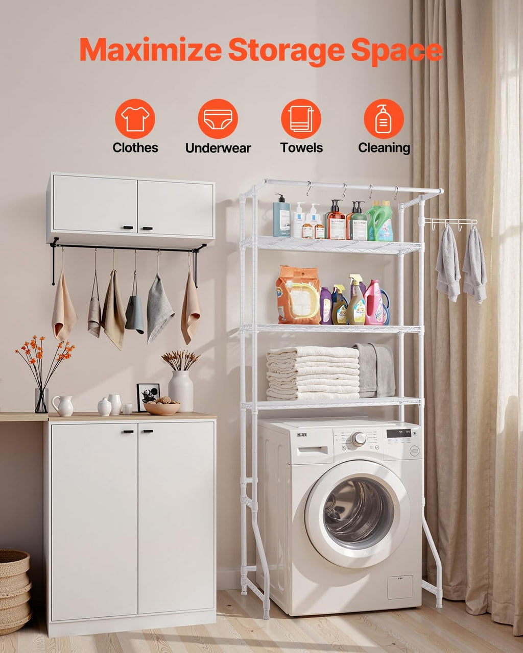 VEVOR Over the Washer and Dryer Storage Shelf, 3 Tier Laundry Room Drying Rack with Hanger Rod and Hooks, Adjustable Over Washer and Dryer Shelves, Laundry Room Shelf Storage Space Saver, White