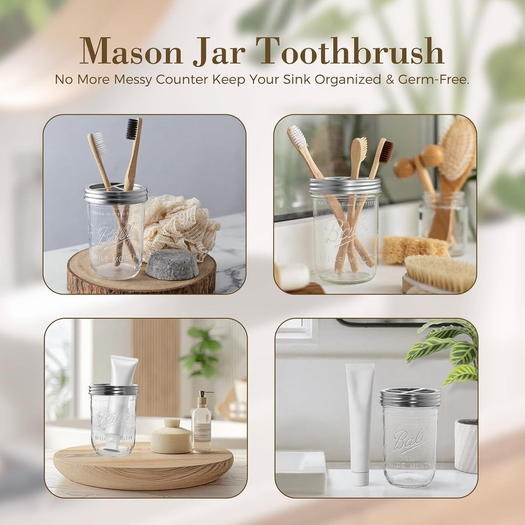 2Pcs Mason Jar Toothbrush Holder 16oz Glass with Premium Rustproof 304 Stainless Steel Lid-Farmhouse Bathroom Organizers and Storage（Silver）