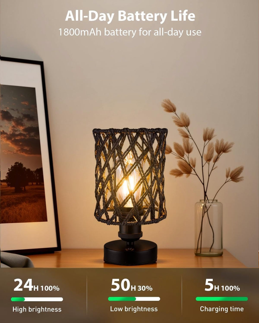 Cordless Outdoor Table Lamps, Small Rattan Boho, Rechargeable Battery Operated for Outdoor Patio, Home, Living Room, Bedroom, Bedside - Set of 2 (Black-A)