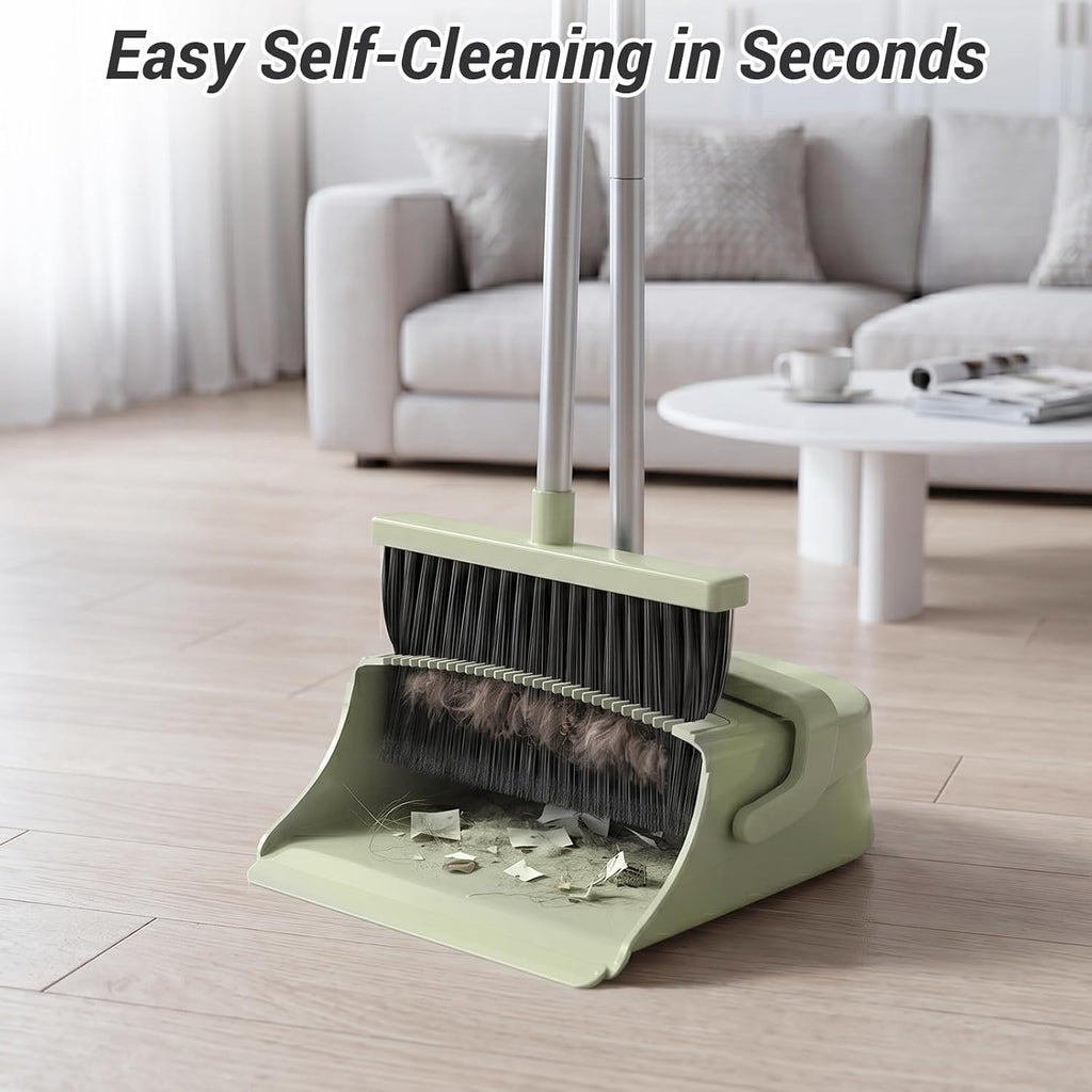 Broom with Dustpan Set for Pet Hair & Dust Cleanup, Green
