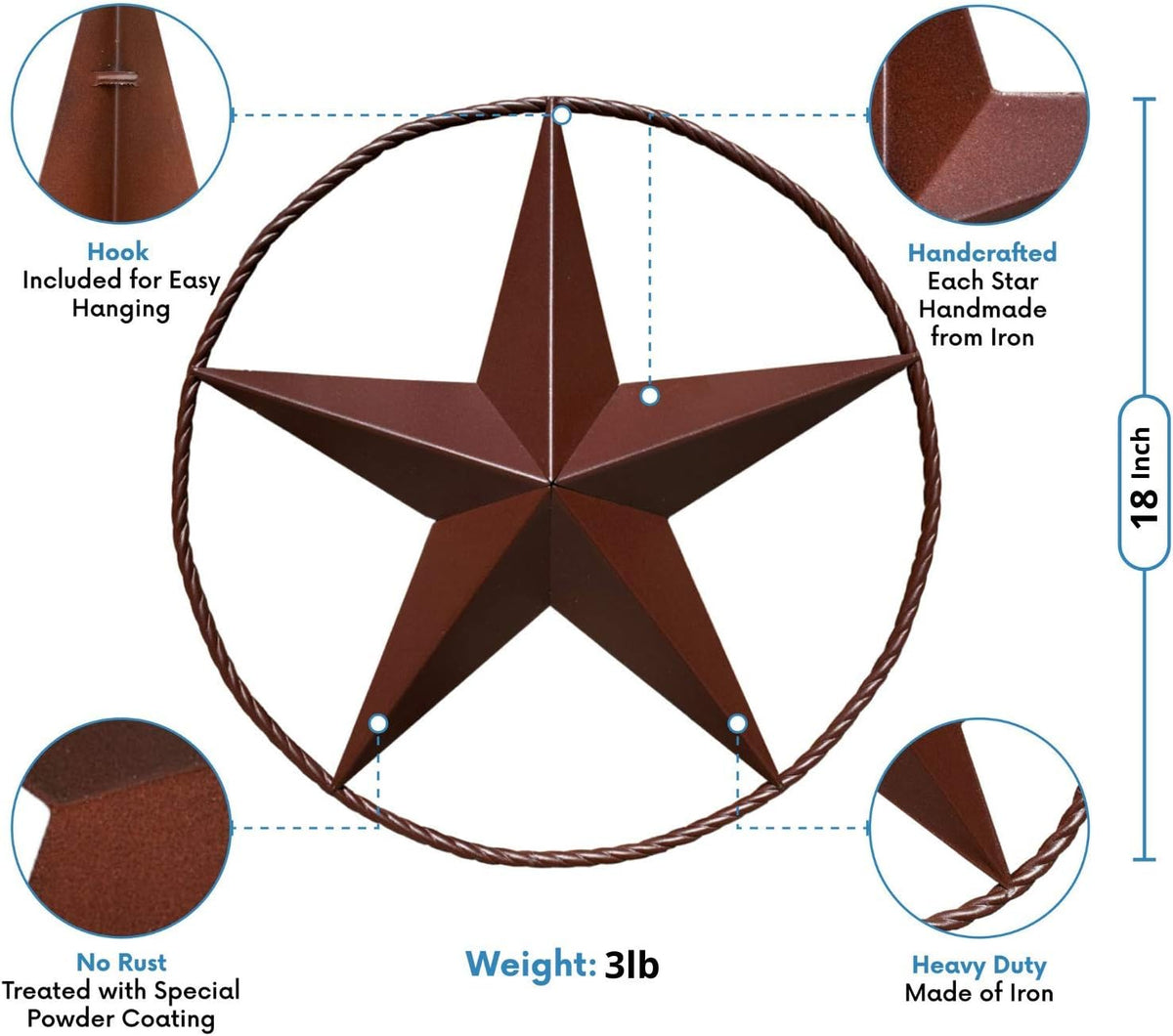 Barn Star - Metal Stars for Outside Texas Stars Art Rustic Vintage Western Country Home Farmhouse Wall Decor (18")