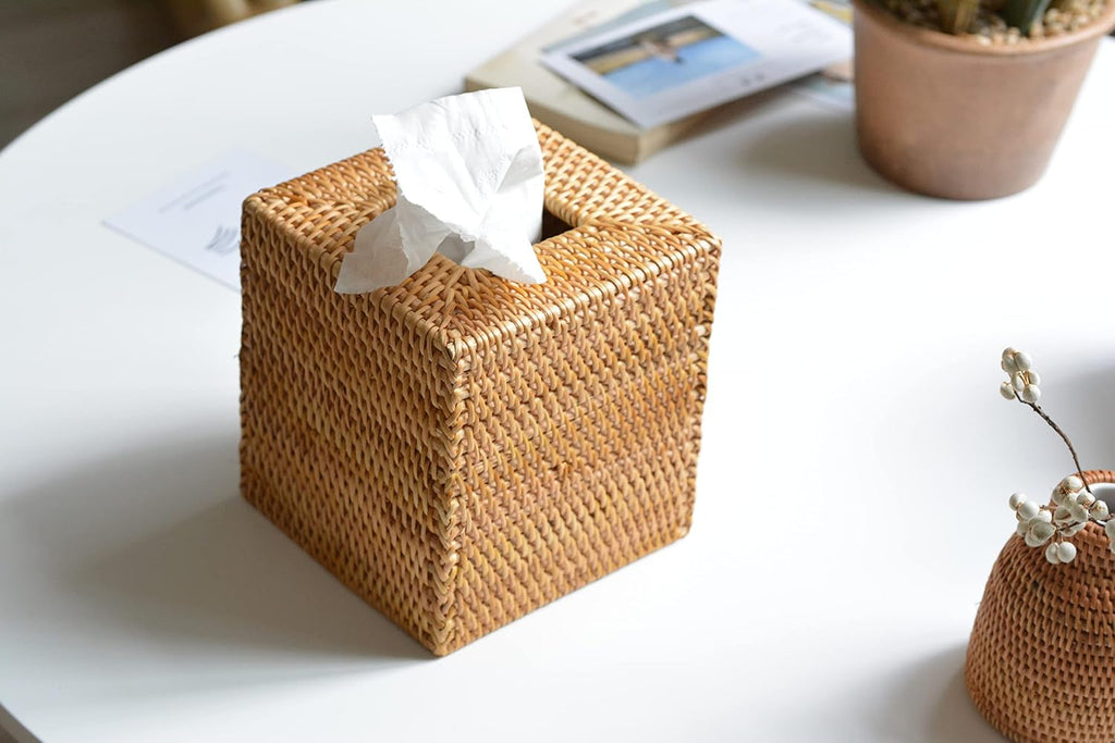 Rattan Tissue Box Cover Square, Hand Woven Wicker Tissue Holder, 5.5 x 5.5 X 5.7 inch, Natural (Pack of 3)