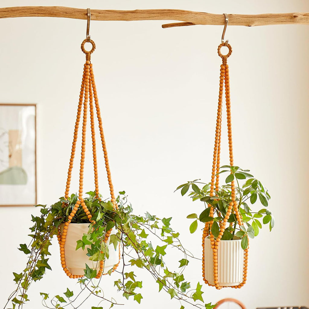 Boho Wood Bead Macrame Plant Hangers, 2Pack Handmade Beaded Hanging Planter Holders for Indoor with 4 Hooks, Fits 4–8 Inch Pots, Hanging Basket for Living Room Bedroom Window Patio Balcony Home Decor