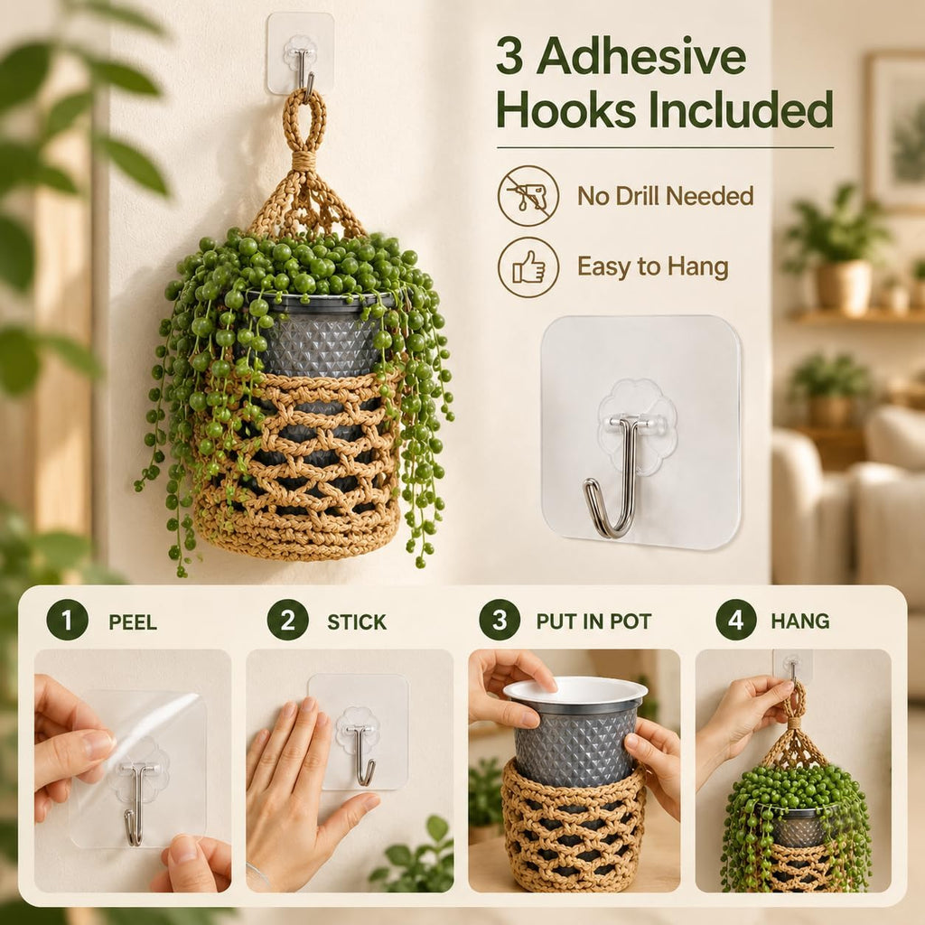 ESOW Hand‑Woven Macrame Wall Hanging Planters with Plant Pots, 3 Pack
