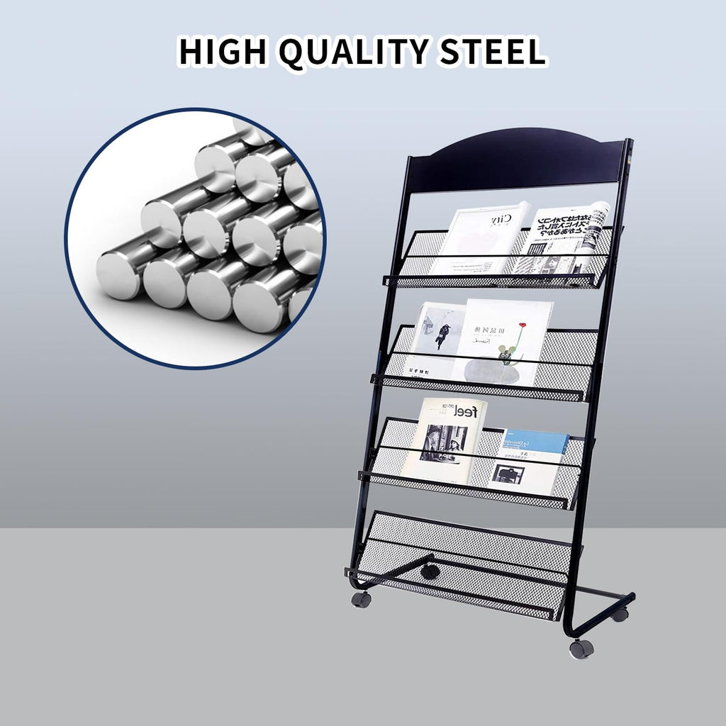 Floor Standing Magazine Rack,The Wheels with Locking 4 Tier Document Display Rack for Exhibition Office Shopping Mall Waiting Room and Other Places （BLACK
