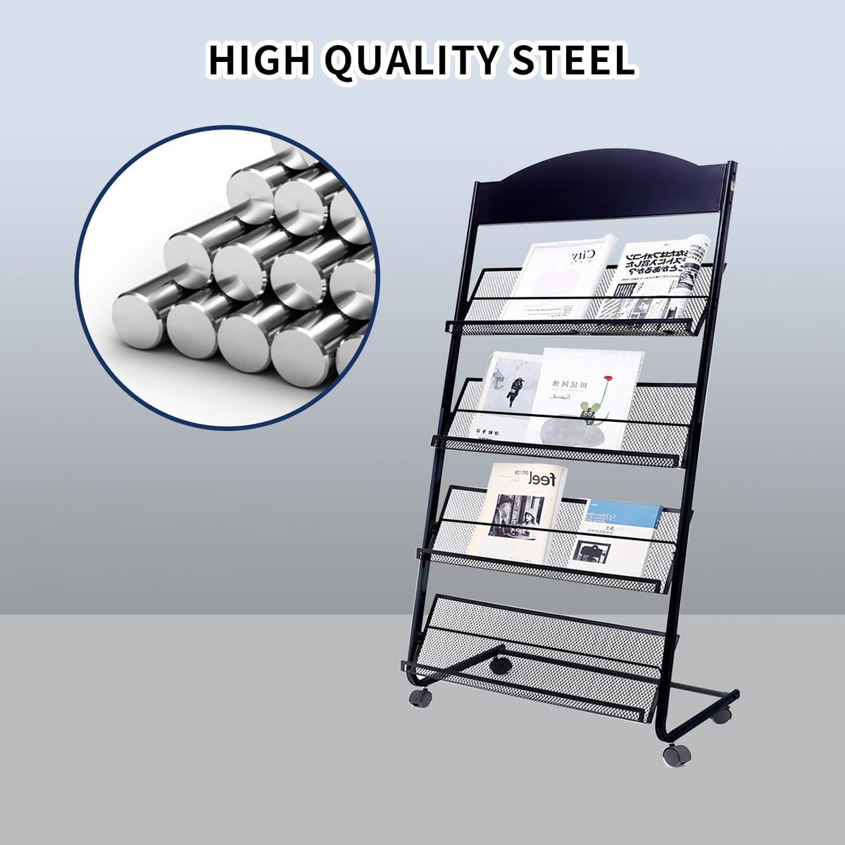 Floor Standing Magazine Rack,The Wheels with Locking 4 Tier Document Display Rack for Exhibition Office Shopping Mall Waiting Room and Other Places （BLACK