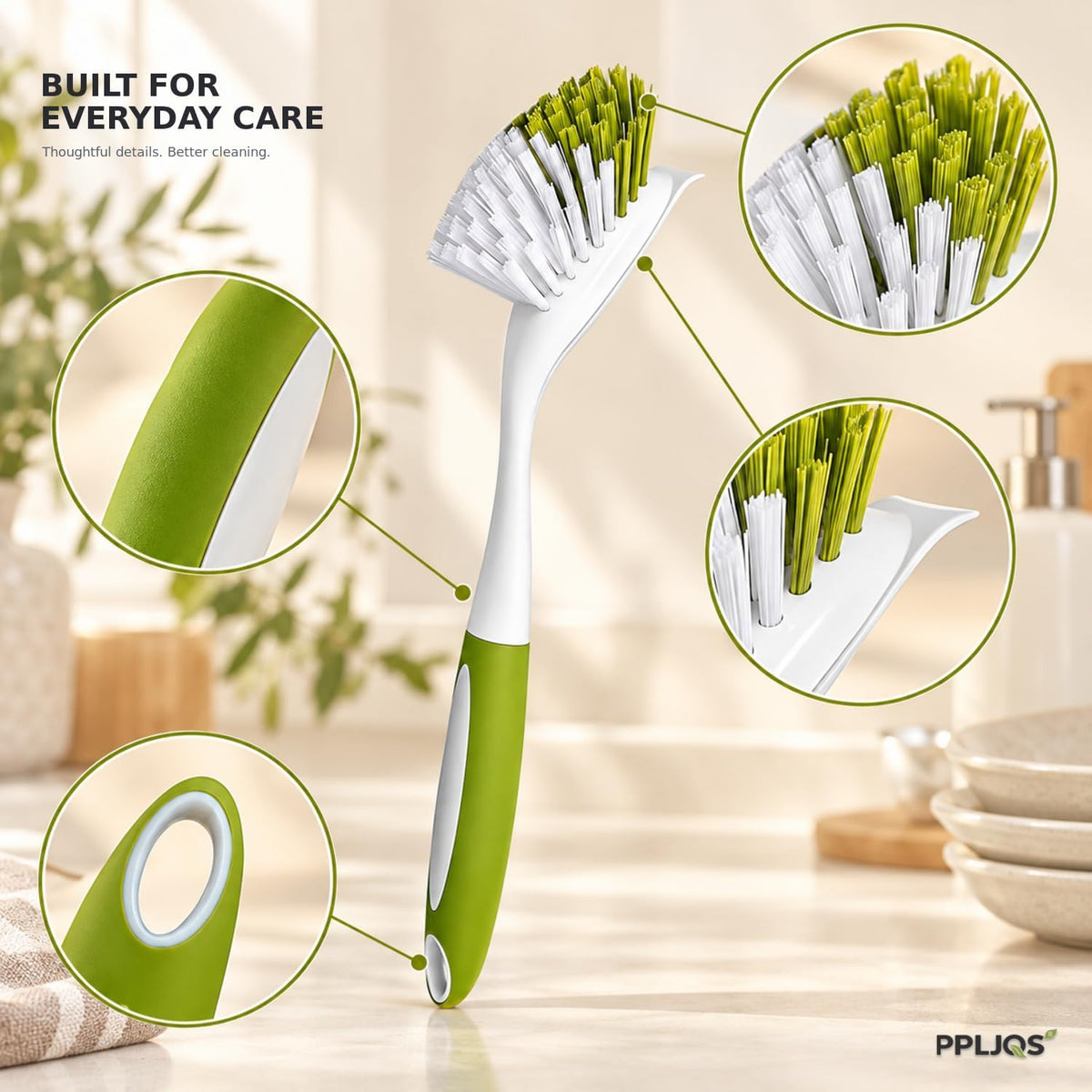 Dish Brush Scrub Brush with Handle - 3 Pack Stiff Bristles Dish Scrubber for Cleaning Dishes, Pots, Pans, Sink, Cast Iron - Hard Bristles,No Residue (Yellow-Green, Gray, Light Blue)