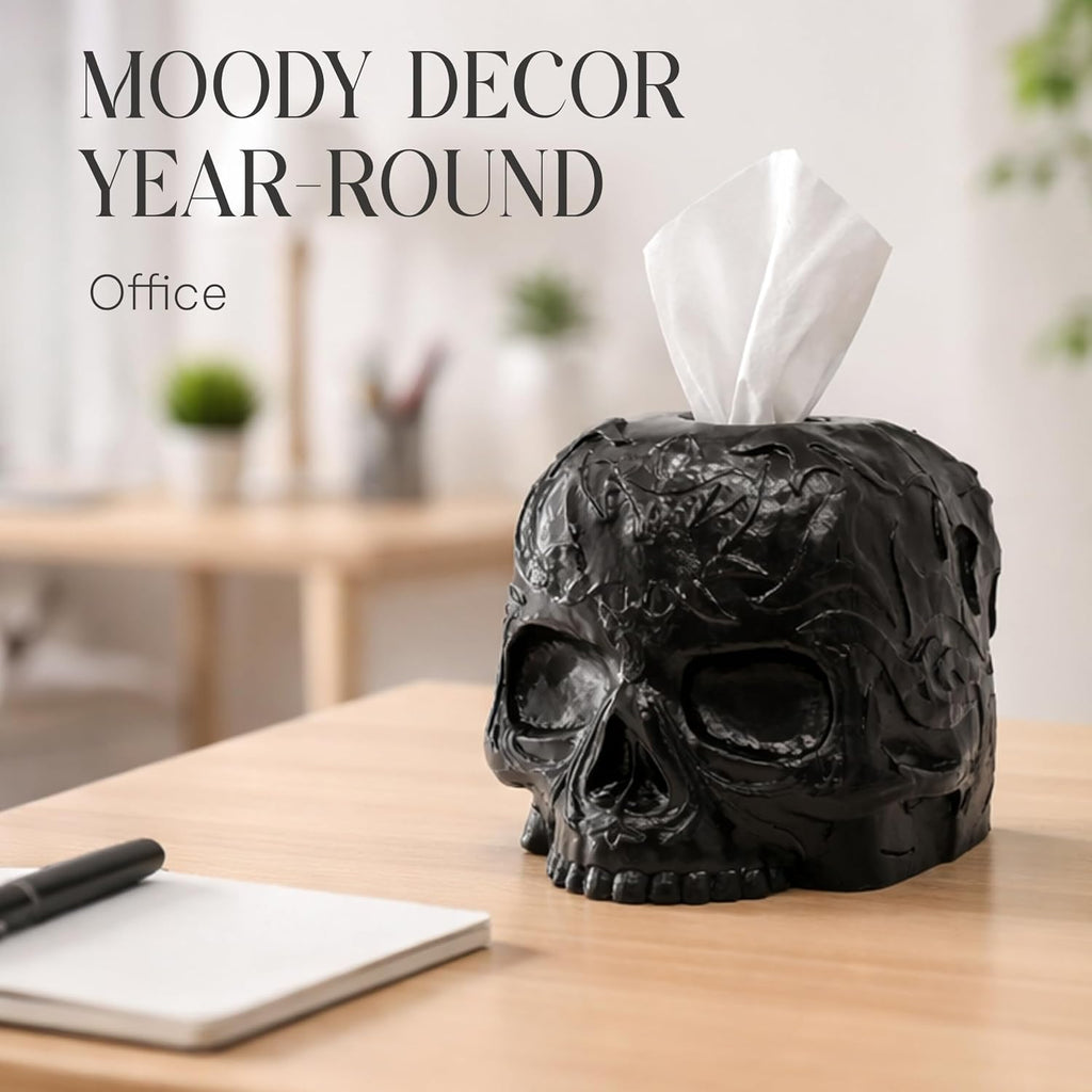 Gothic Skull Tissue Box Cover, Black, Square by Death Decor