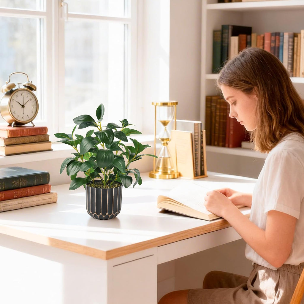 florisso Fake Plants Artificial Plants Indoor, Faux Potted Plants Indoor Artificial Succulents with Fig Leaf Look Real Greenery with Planter for Office Desk Coffee Table Home Decor(Black Gold)