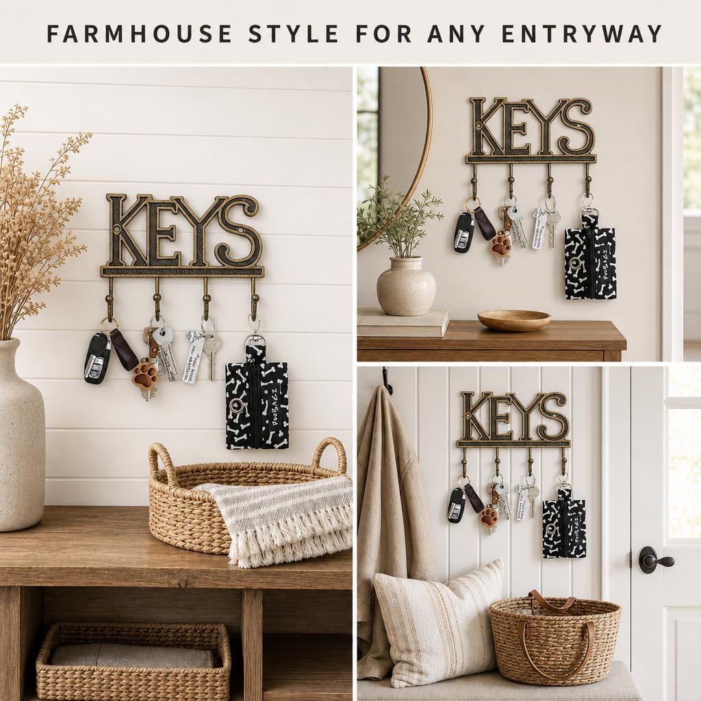 Comfify Gold-Black Cast Iron Key Holder for Wall – Keys Sign with 4 Hooks