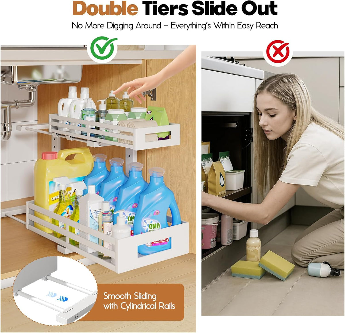 2-Pack 17"Deep Under Sink Organizer And Storage, 2-Tier L-Shaped Pull Out Cabinet Organizer with Upgraded Slide Rails, Height Adjustable Drawers for Kitchen&Bathroom, Extra-Large Storage Shelves–Gray