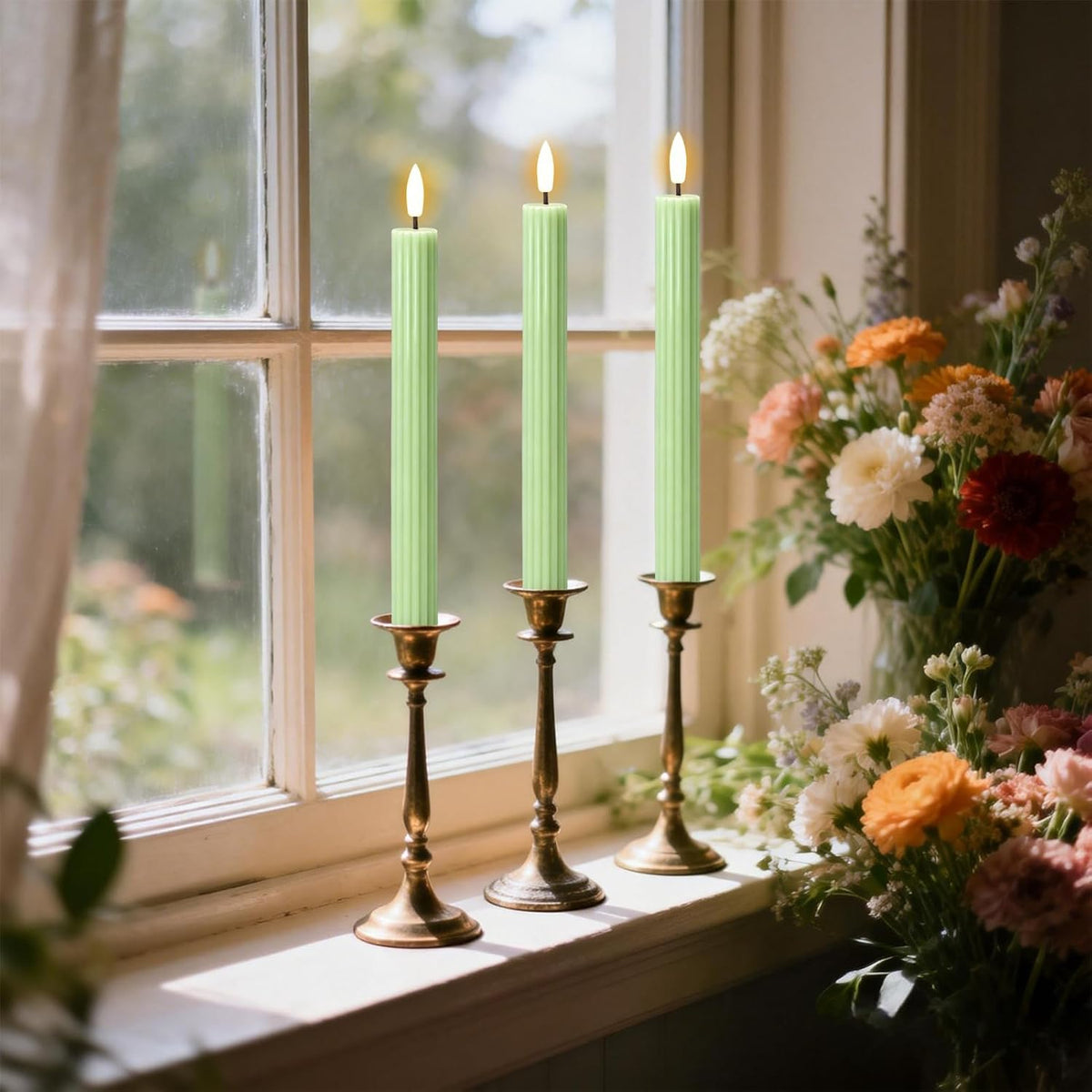 Green Flameless Taper Candles Battery Operated with Remote Timer