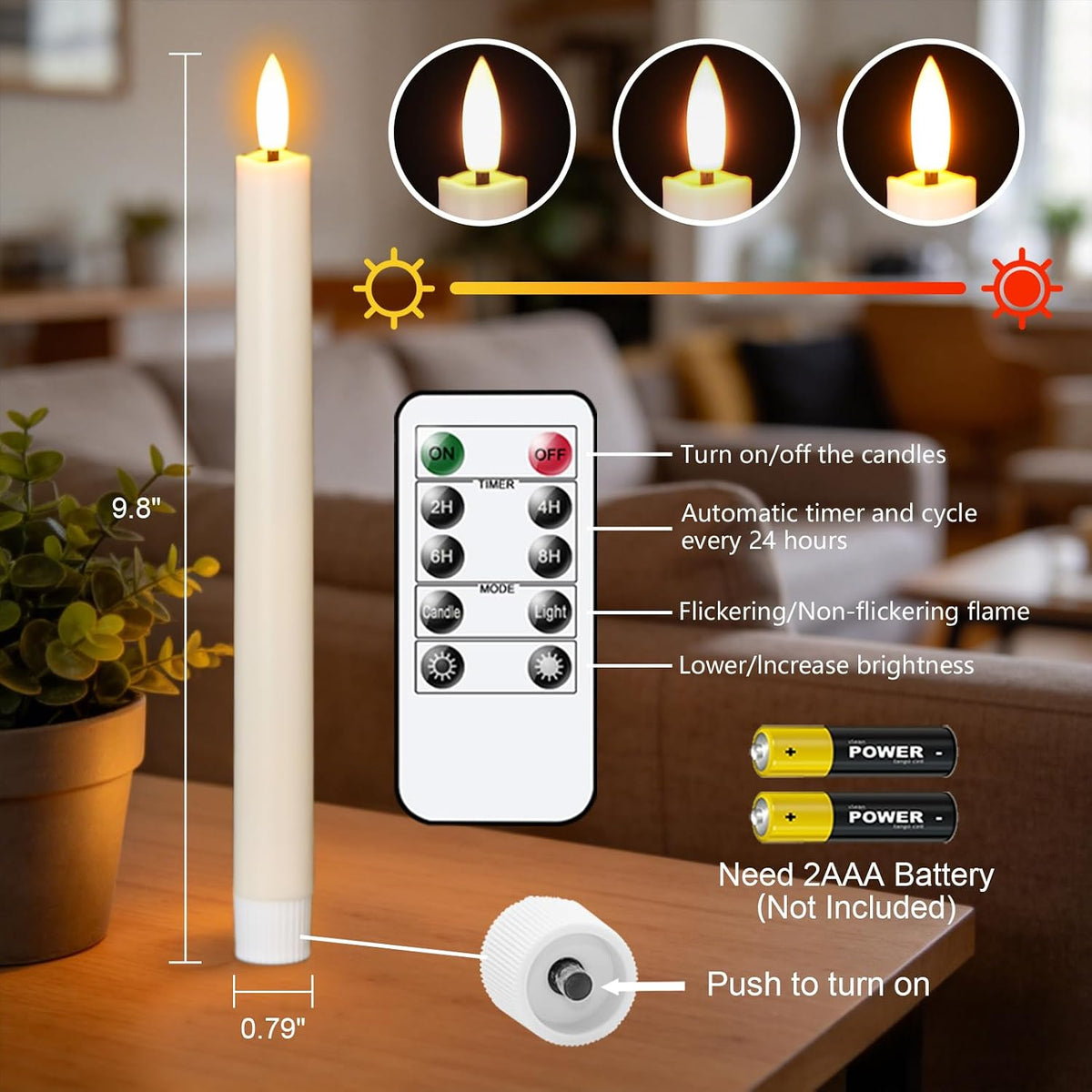Wondise 2 Pack Flameless Taper Candles with Remote Timer