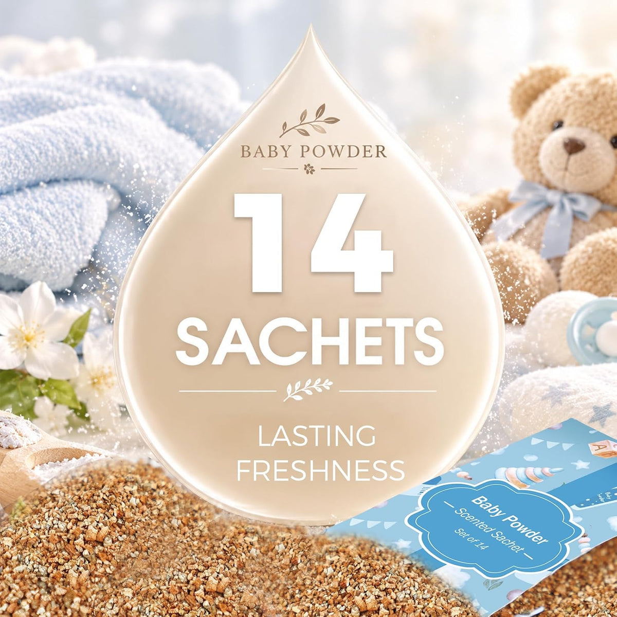 SCENTORINI Scented Sachets for Drawer and Closet, Baby Powder Scent 14 Pack