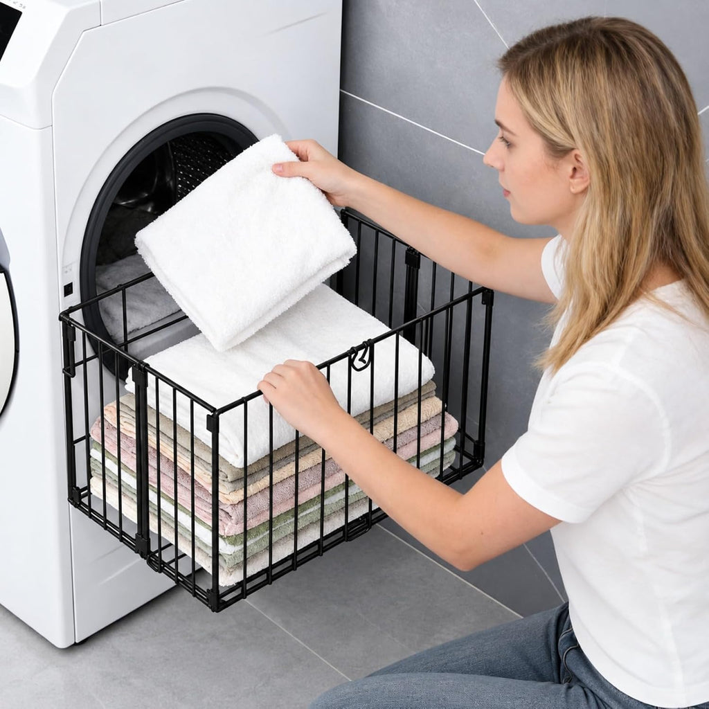 Magnetic Collapsible Laundry Basket, Foldable Metal Laundry Hamper for Washing Machine Side, Space Saving Pop Up Hamper, Laundry Room Organization and Storage (Black)