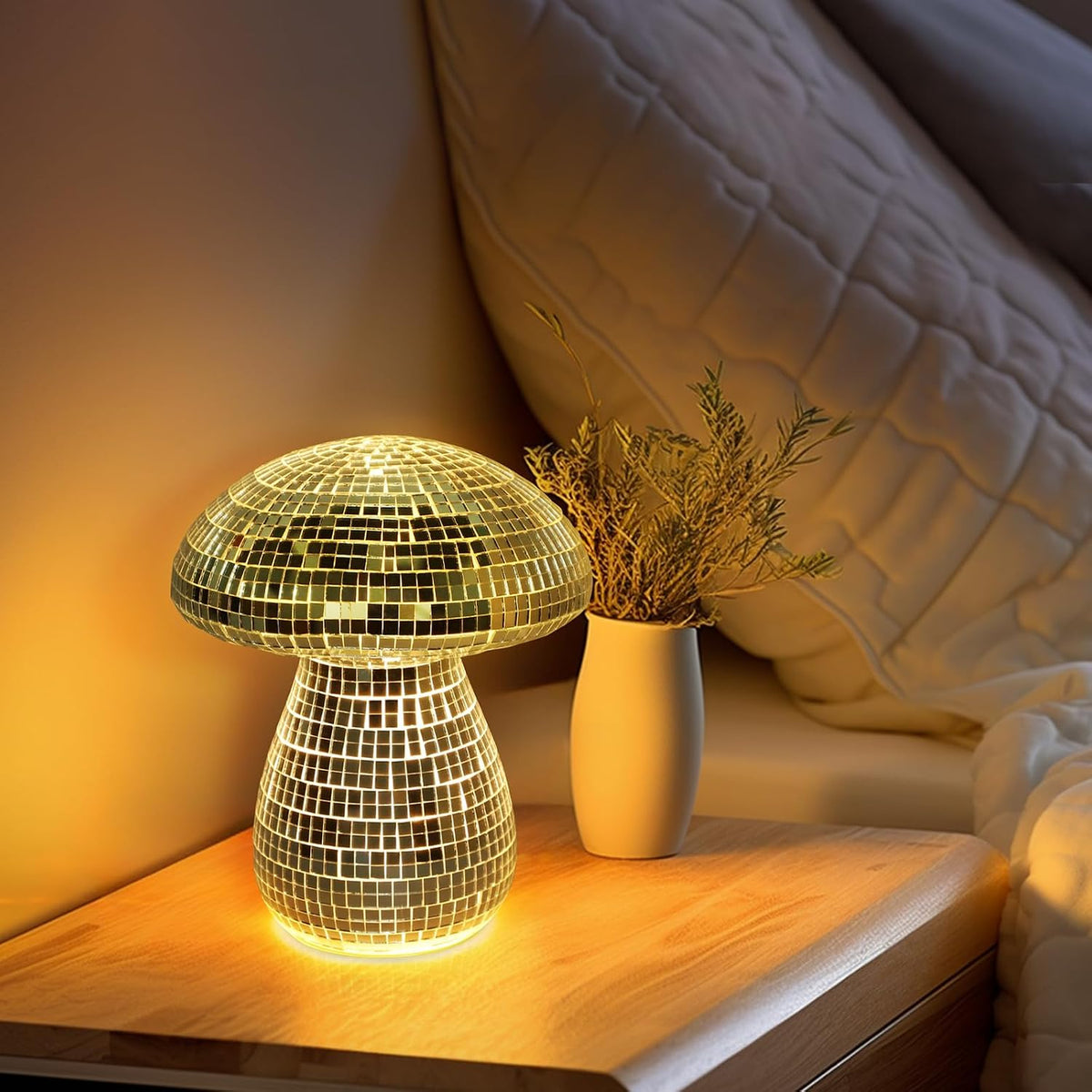 Mushroom Table Lamp Decor Light: Disco Glass Bedside Table Lamp with Rechargeable Cordless Touch - 5 Colors, 2 Mood Lighting - Cute Nightstand Lamp for Ambient, Kids, Bedroom, Living, Girl Gift