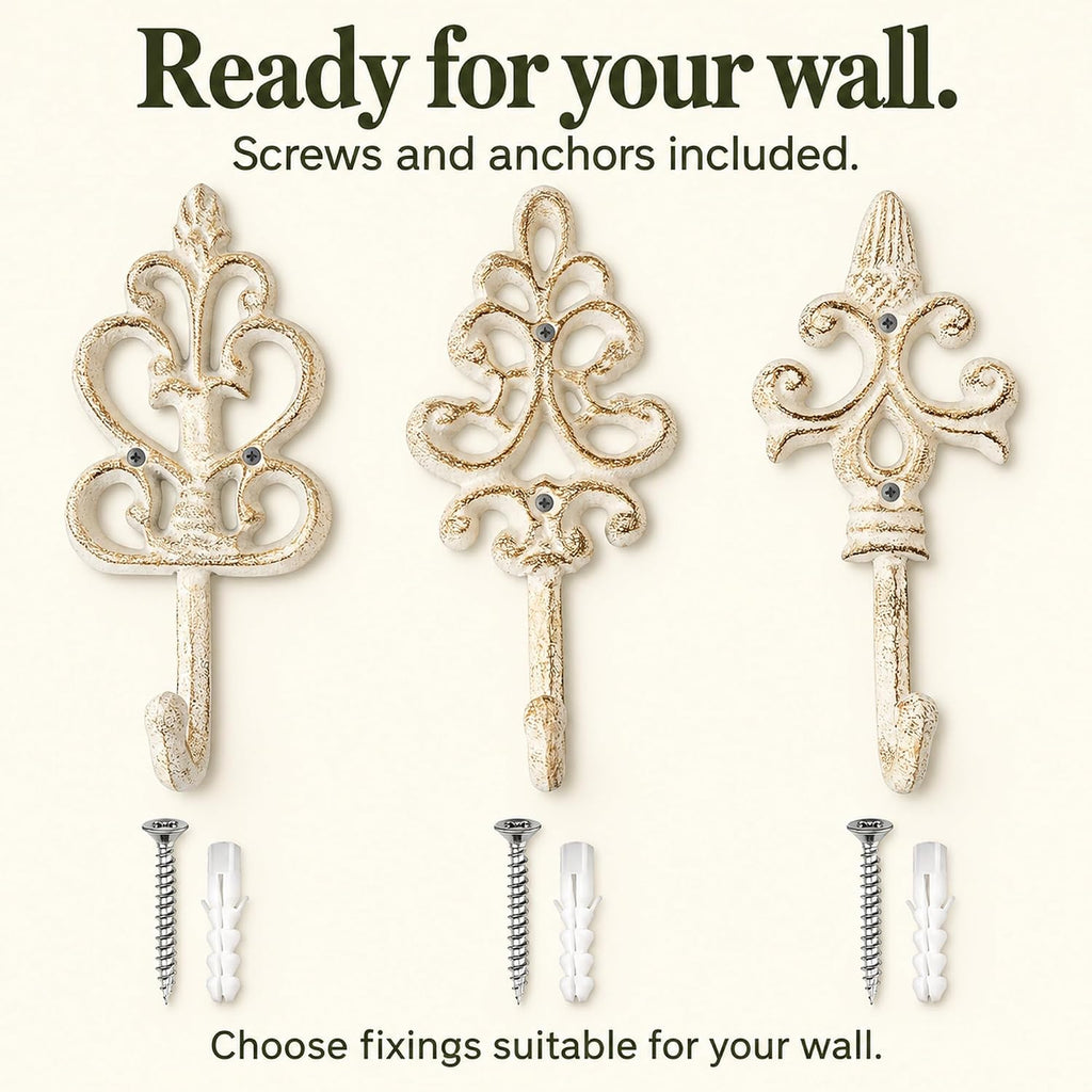 Comfify Rustic White Cast Iron Wall Hooks Set of 3 – Farmhouse Coat Hooks