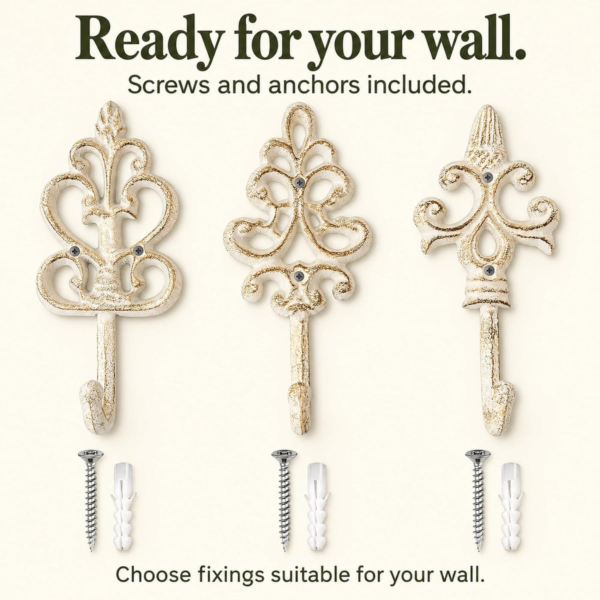 Comfify Rustic White Cast Iron Wall Hooks Set of 3 – Farmhouse Coat Hooks