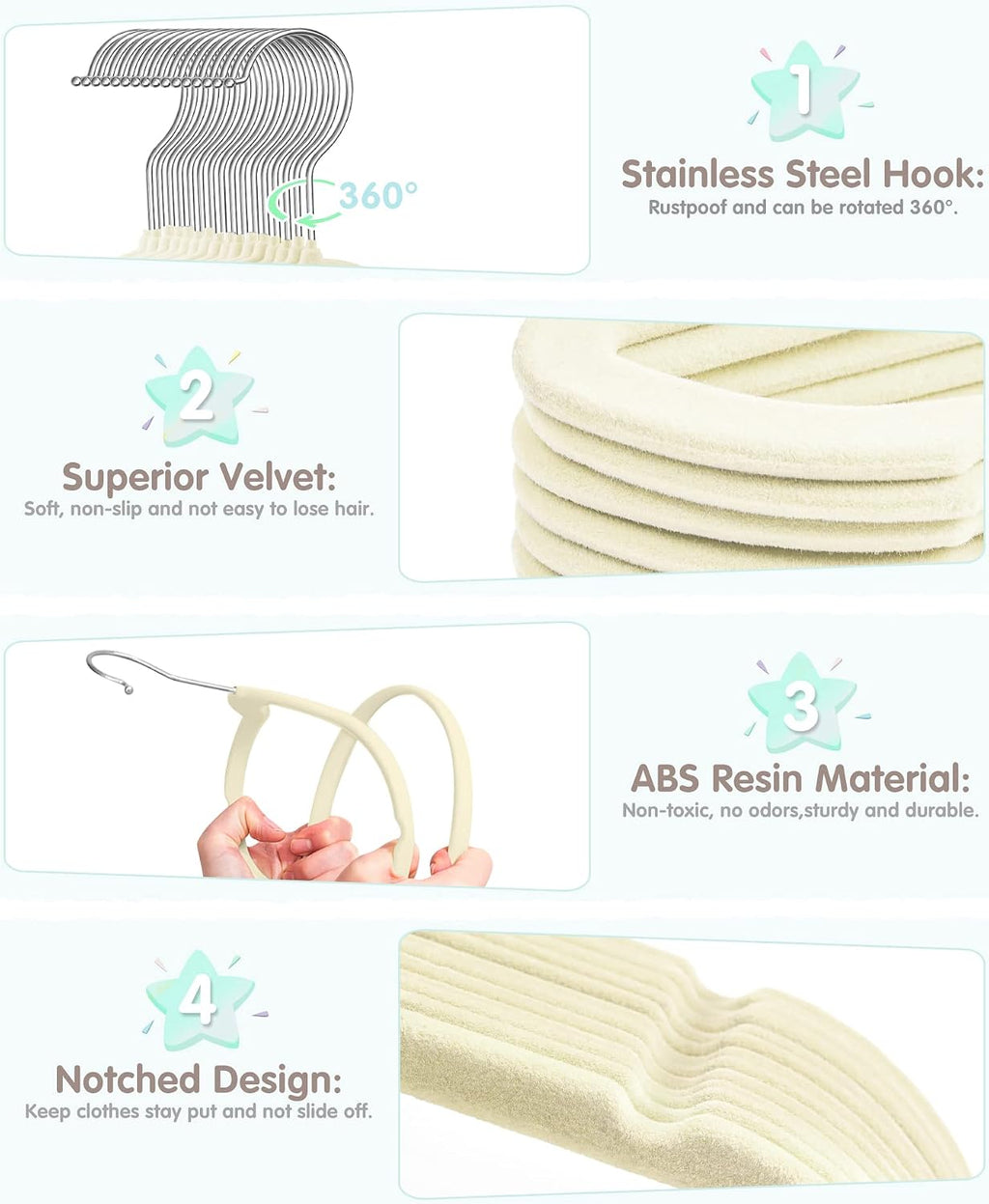 VIS'V Velvet Baby Hangers with 6 Pcs Size Dividers, 11 Inch, Beige, 50 Pcs