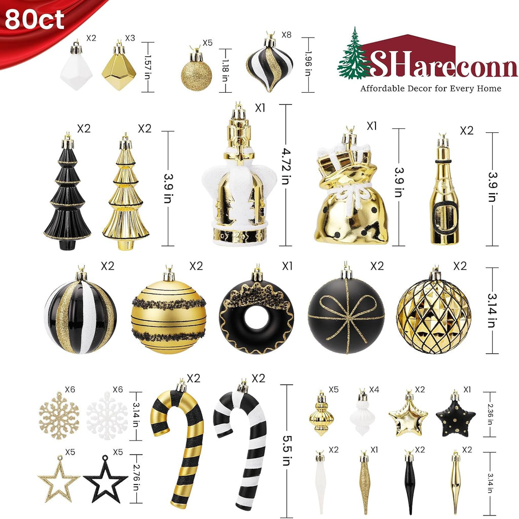 SHareconn 80pcs Christmas Balls Ornaments Set Tree Decor Black White Gold