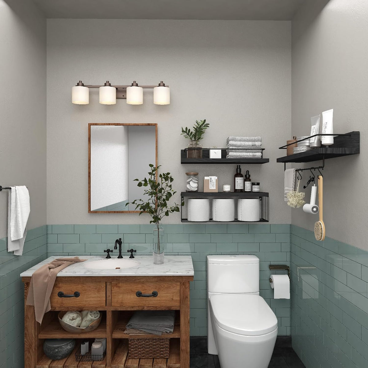 PopiShelves 22.5 inches Bathroom Shelves Over Toilet for Wall, Floating Shelves with Storage Basket Paper Holer for Kitchen Living Room, Bedroom & Classroom, Set of 3 (Black)