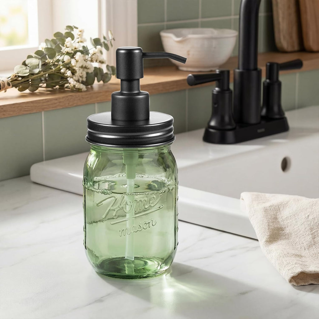 Amolliar Green Glass Mason Jar Liquid Soap Dispenser, 16OZ, Black 2 Pack