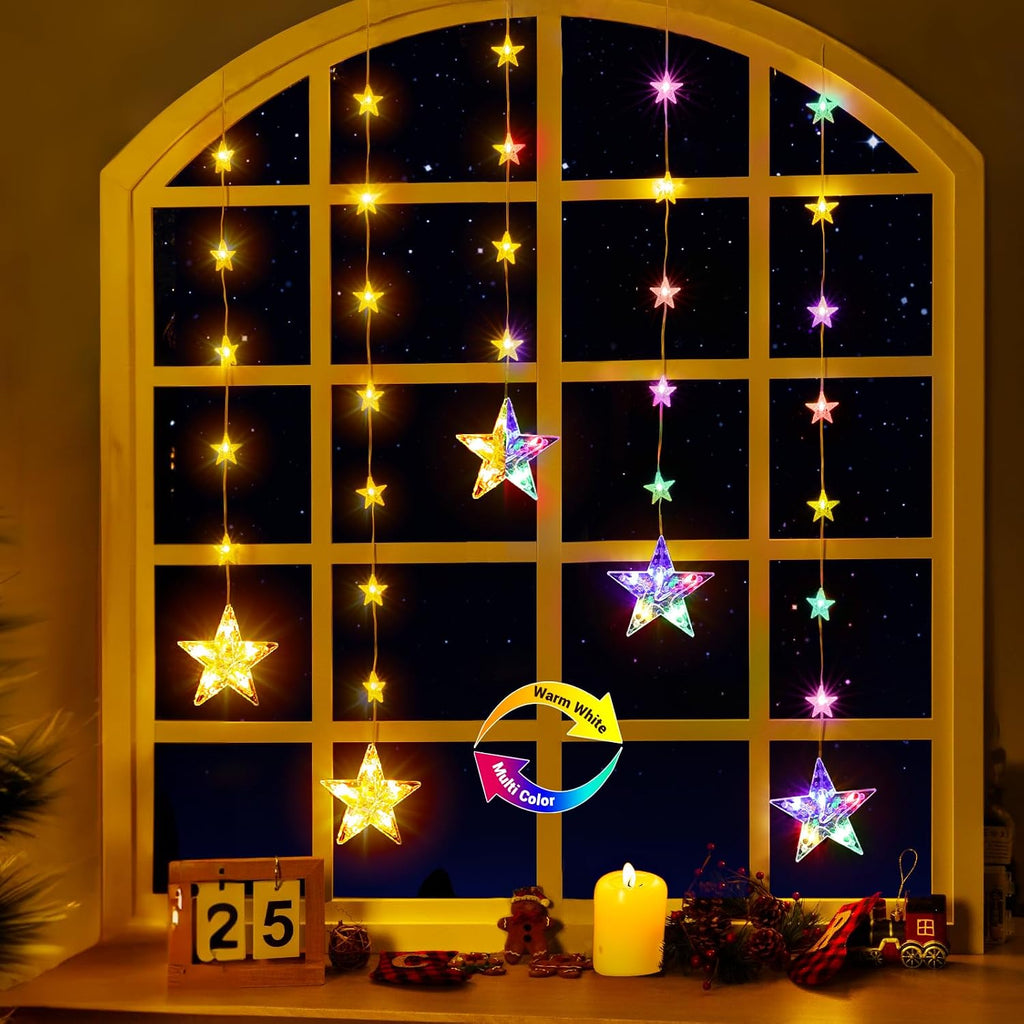 Marchpower Christmas Stars Curtain Lights Battery Operated,32 Stars Warm White Multicolored Color Changing Star Window Lights with Timer & Memory Function 8 Flash Modes, IP65 Waterproof Lights