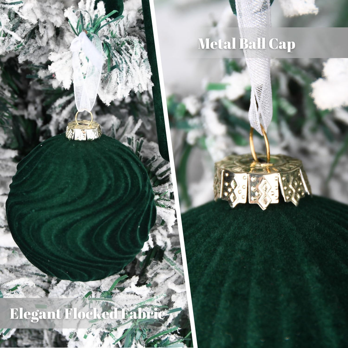 Velvet Ornaments for Christmas Tree Decorations - Dark Green Flocked Christmas Ornament Set for Winter Holiday Decor - Shatterproof Xmas Balls Ornaments Bulk - Pack of 24