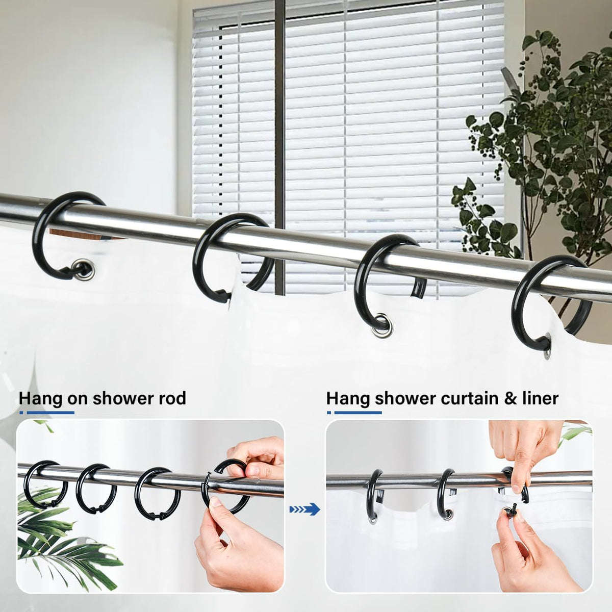 Kutesna 24PCS Shower Curtain Hooks,Black Shower Curtain Rings